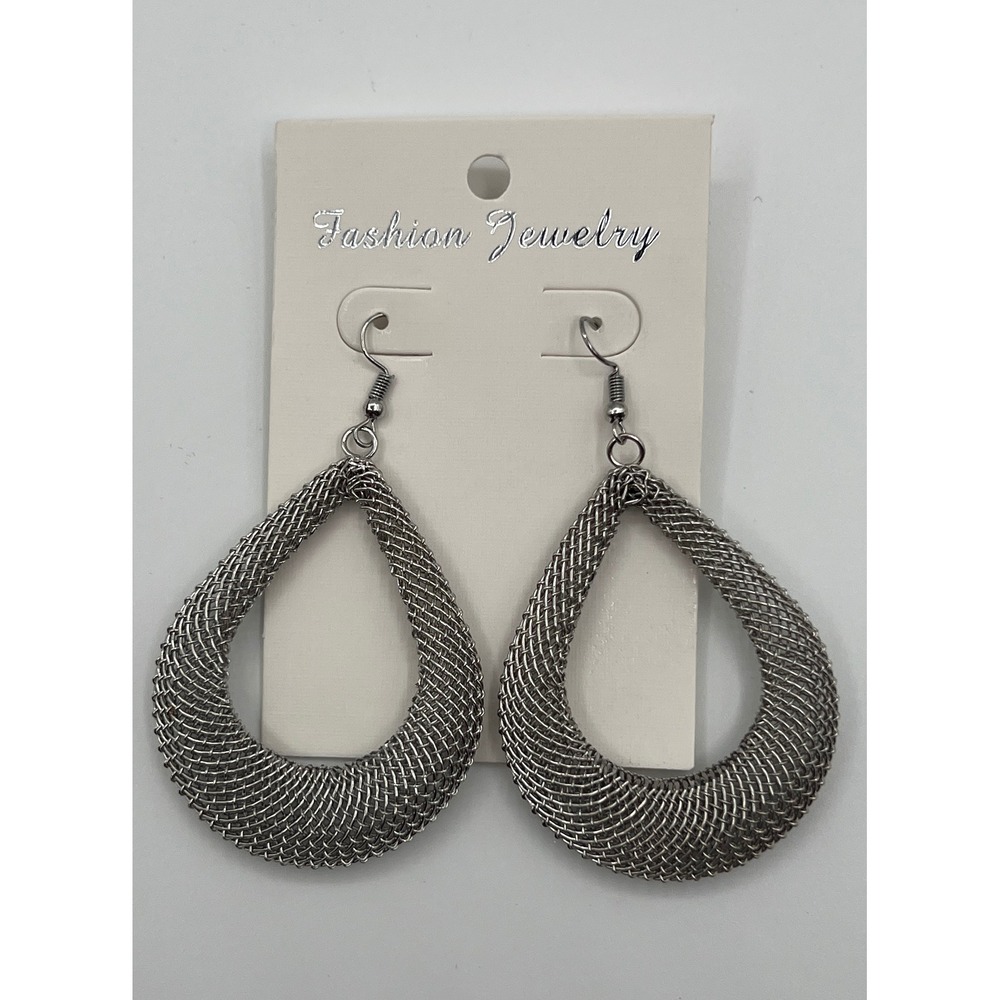 Silver Mesh Teardrop Dangle Earrings Woven Metallic Fashion Jewelry Womens